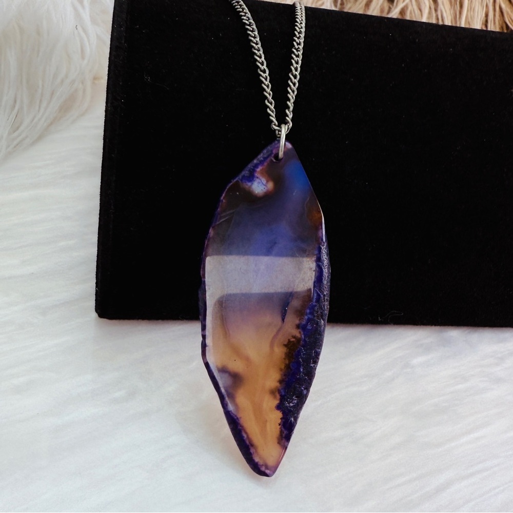Long Purple Brown Polished Slice Pendant Necklace Organic Statement Jewelry